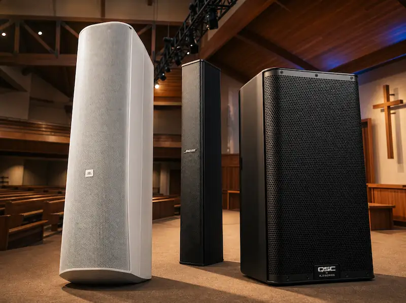 Professional JBL, Bose, and QSC audio system installation in a church sanctuary