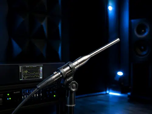 Studio condenser microphone used for acoustic tuning and room calibration